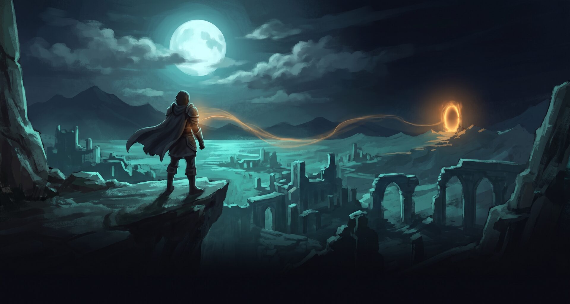 A lone traveler overlooks moonlit ruins, a glowing portal tethered to them across the valley
